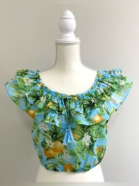 BB Dakota Steve Madden Womens M Lemon Print Ruffle Top Boho Y2K Summer Coastal